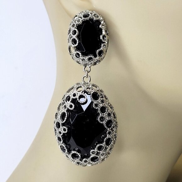 Black and Silver Earrings Chandelier Earrings Statement Earrings Filigree Silver - Picture 6 of 11